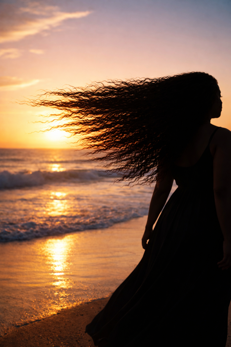 woman at sunset and hair as energy